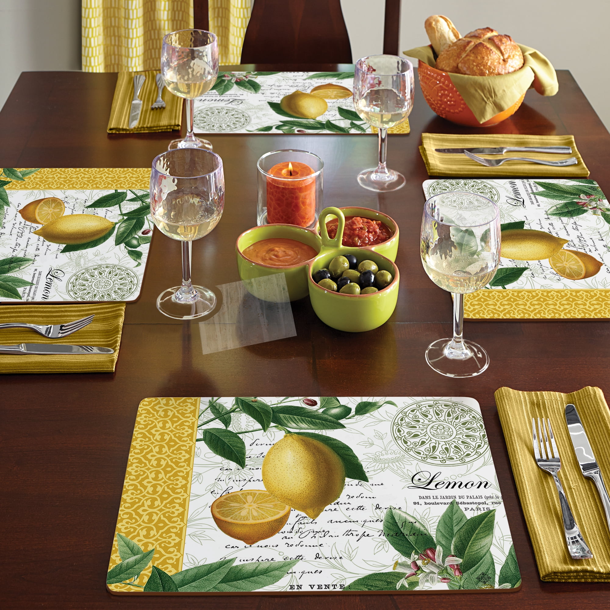 Cala Home "Citron" Premium Decorative Hardboard Cork Back Tabletop Placemats 4 Pack