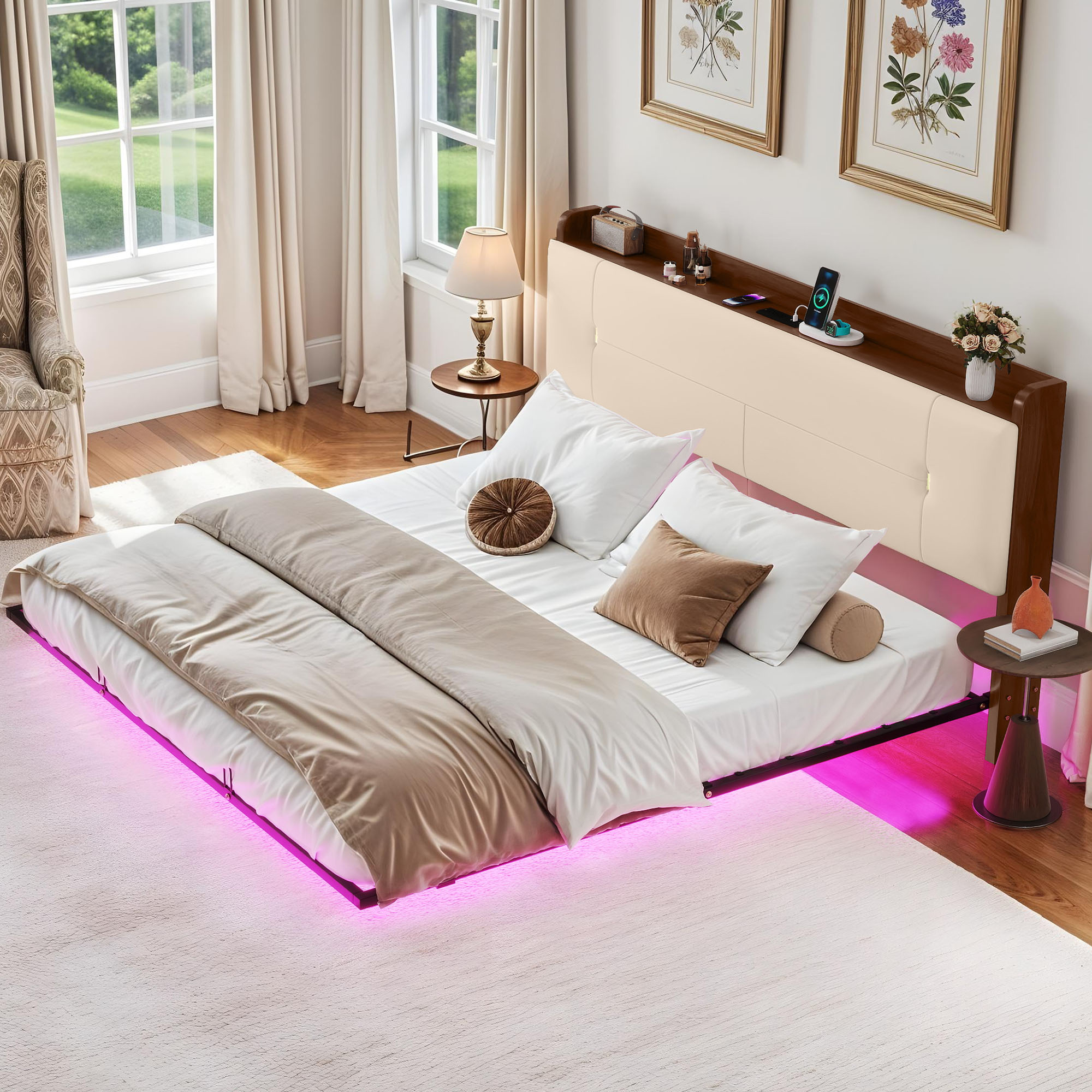 Uforic Beige King Bed Frame with LED Lighting, Contemporary Upholstered Platform Bed Frame, Floating Bed Frame with Charging Station, Box Spring Not Needed