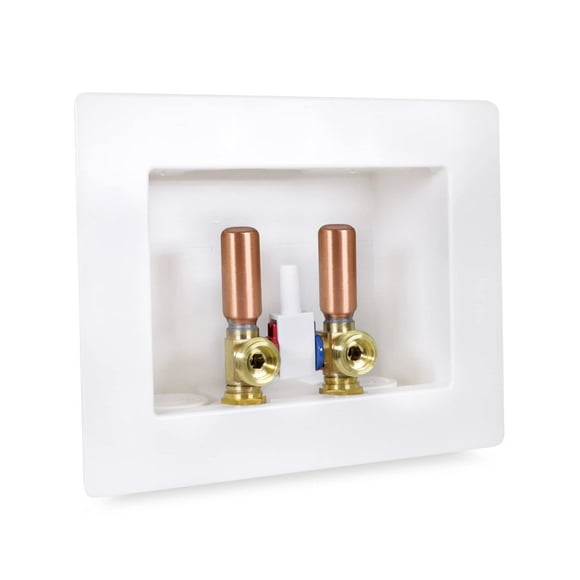 Highcraft TC200-QI Washing Machine Outlet Box Dual Drain Assembled with 1/2'' PEX B Valves and Hammer Arrestors White ABS, Barb