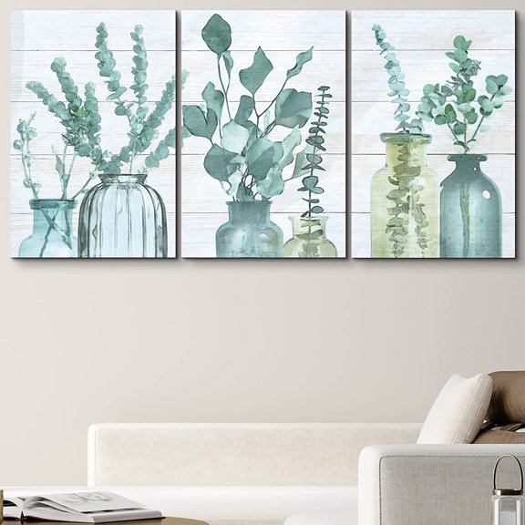 PixonSign Canvas Print Wall Art Set Forest Leaf Trio in Bottles Floral Wilderness Watercolor Modern Art Chic Group Relax/Calm Multicolor Pastel for Living Room, Bedroom, Office - 16"x24"x3