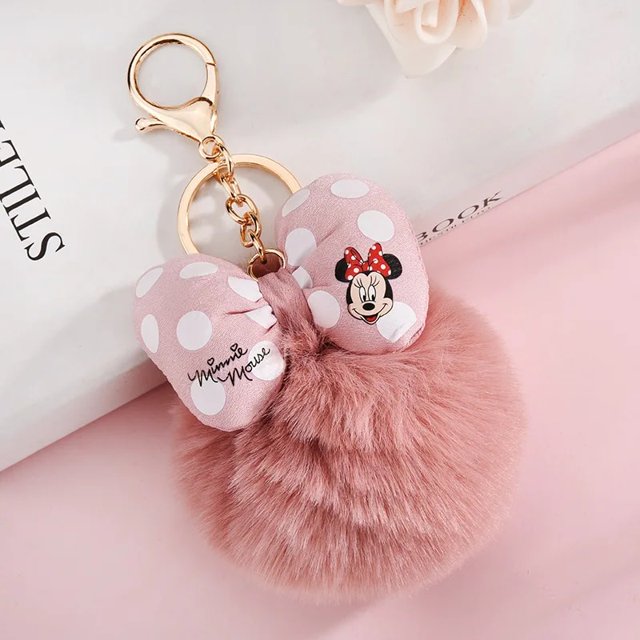 Llaveros de peluche de Minnie de Disney, Mickey Mouse, lazo de lunares de dibujos animados, colgante de llavero con pompón, bolso de coche, adorno, juguete de regalo para niña