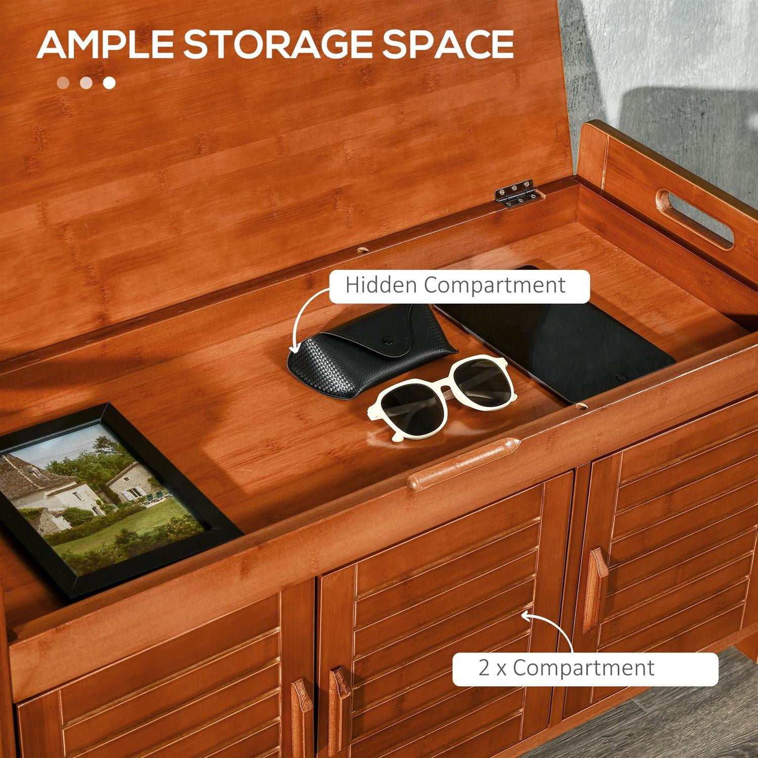 Demi Bonn 35" Bamboo Material Shoe Storage Bench with 3 Doors & Hidden Compartment, Seating Cushion, Entryway Seating, Shoe Organizer for Hallway, Brown