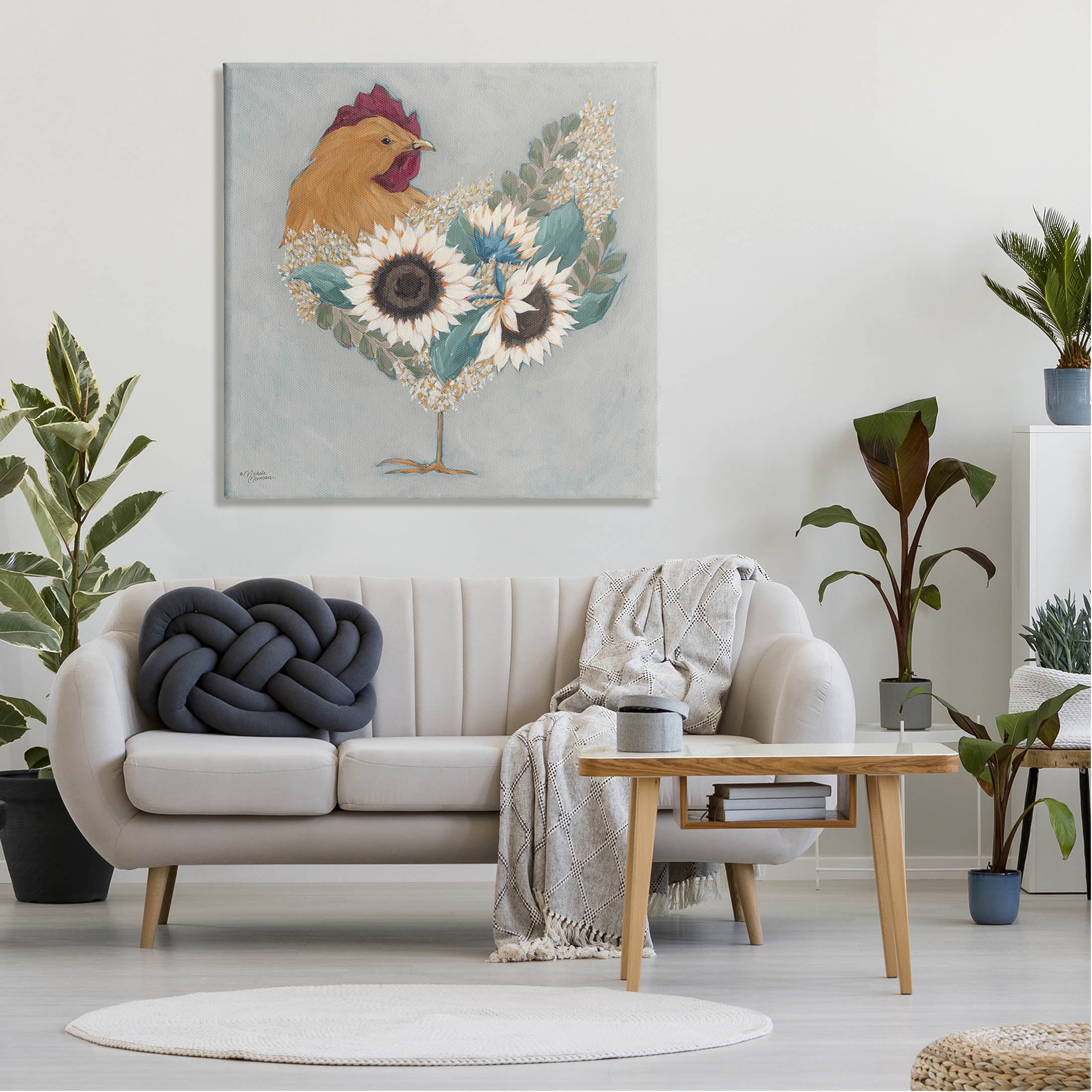 Stupell Industries Farm Rooster Layered Floral Blossoms Painting Gallery Wrapped Canvas Print Wall Art, Design by Michele Norman