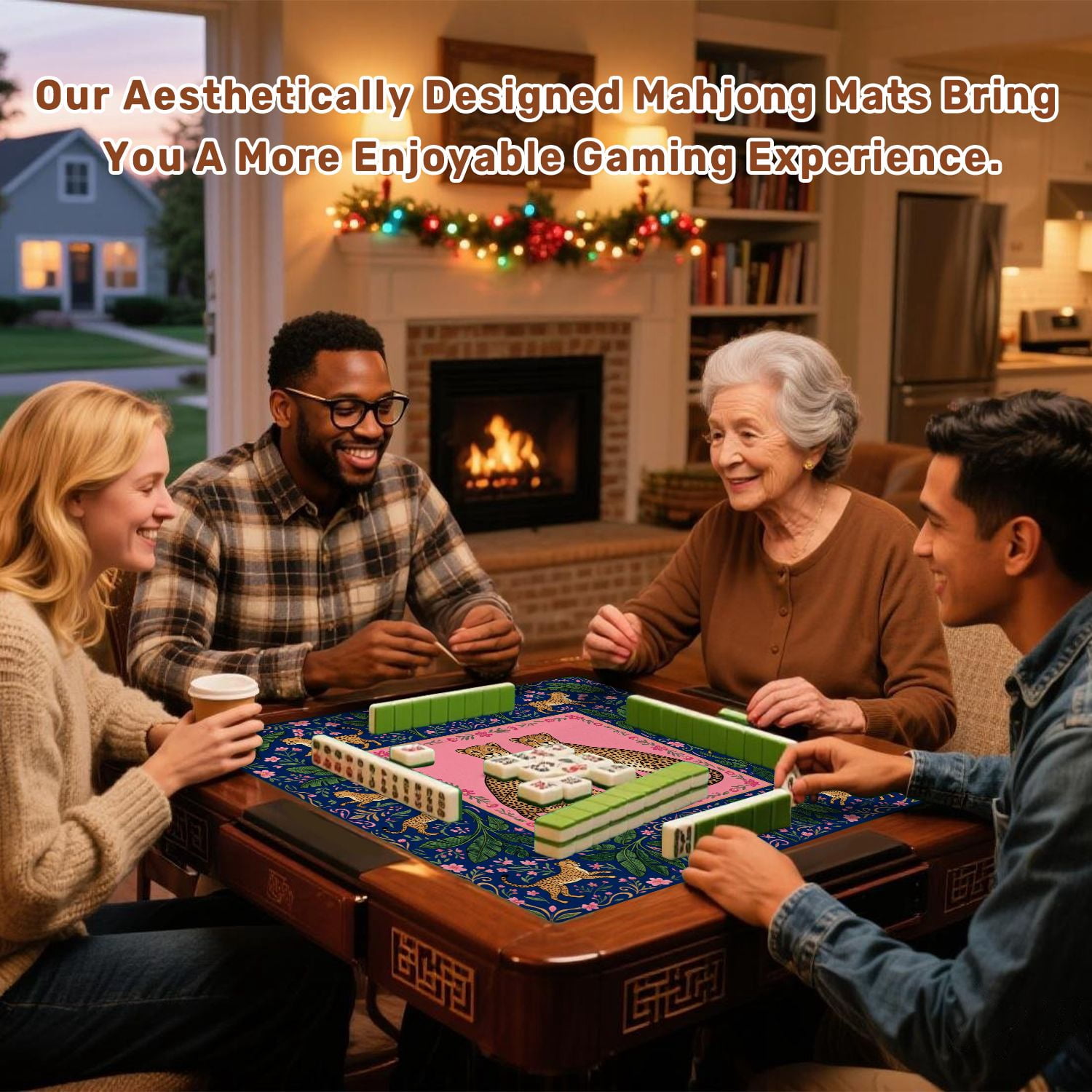 Mahjong Mat 31.5" x 31.5" Elegant Two Cheetahs Surrounded by Tropical Leaves Flowers Non-Slip Noise Reduction American Mahjong Tiles Table Cover for Dominoes Poker Card Board Games Gift