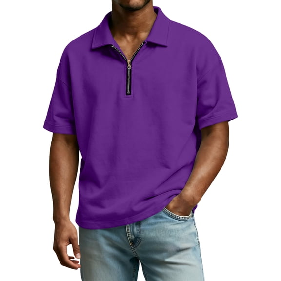 Polo Shirts for Men Quarter Zip Casual Shirts Short Sleeve Moisture Wicking Golf Polo Collared Shirts Purple 3XL