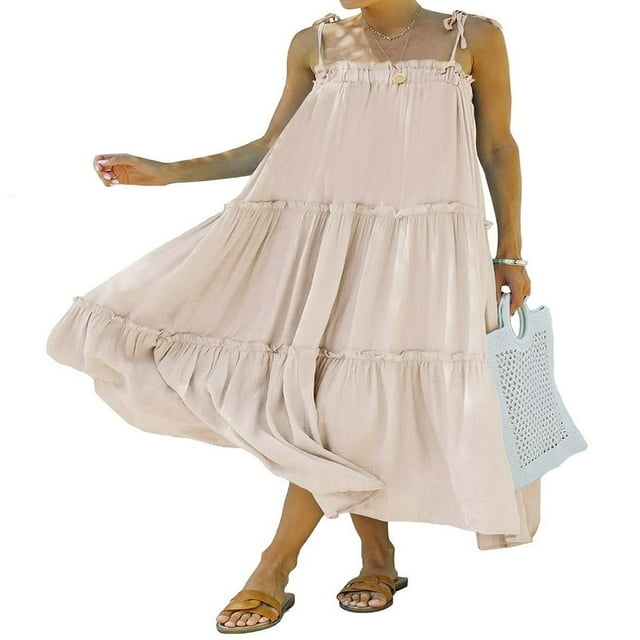 PENGXIANG Femmes d'Été Spaghetti Sangle Longue Maxi Robe Haut Bas Robe à Volants Étagée en Vrac Plage Fluide Robe Longue Abricot XL