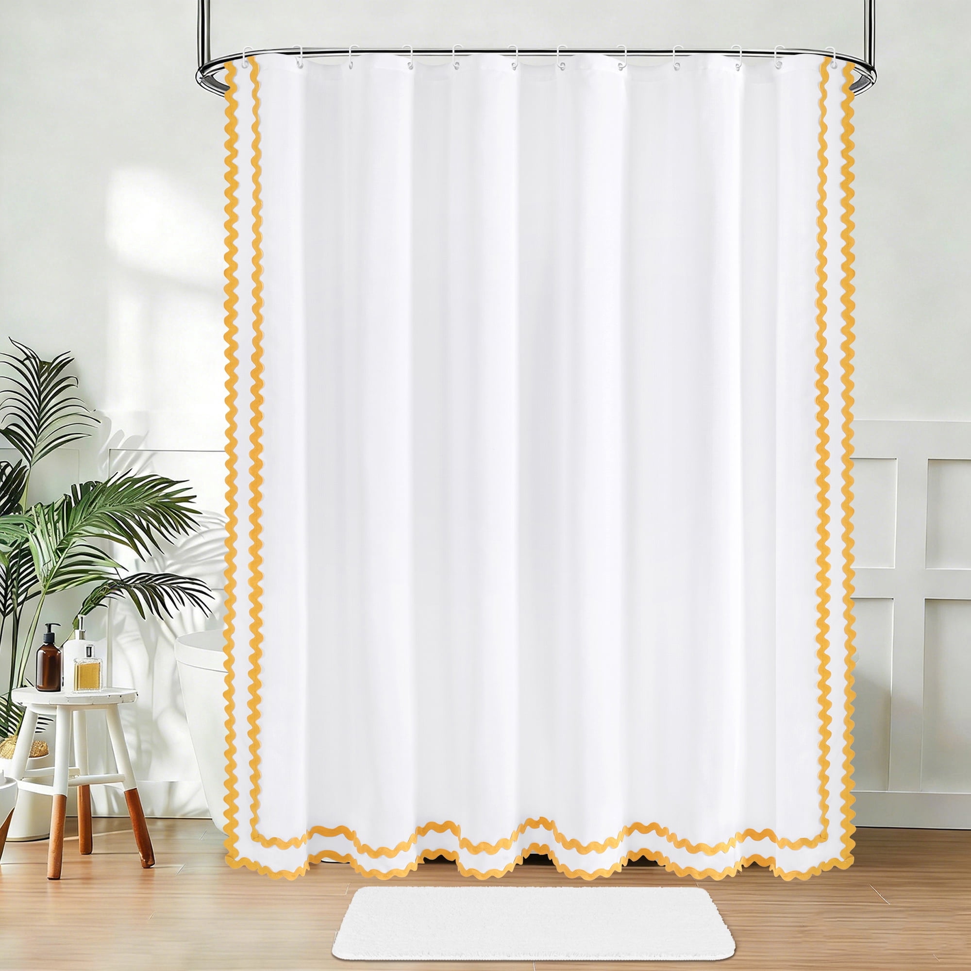 FRAMICS Yellow Scalloped Shower Curtain Sets with Rug, 14 Piece Fabric Bathroom Sets with Hooks, Heavy-Duty & Waterproof, 72" x 72"
