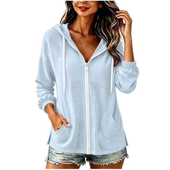 Lightweight Hoodies for Women Solid Color Long Sleeve Zip Up Linen Jacket with Pockets Beach Gauze Coverup