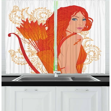 Ambesonne Sagittarius Kitchen Curtains, Cartoon Zodiac, 55"x39", Tan and Vermilion