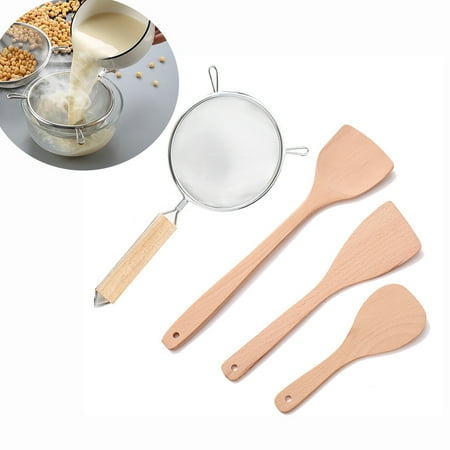

EIMELI 4Pcs Kitchen Set(3* Fried Rice Scoop Wood Cooking Long Handle Spoon Shovel 1* Stainless Steel Fine Mesh Strainer Colander Sieve Sifters)