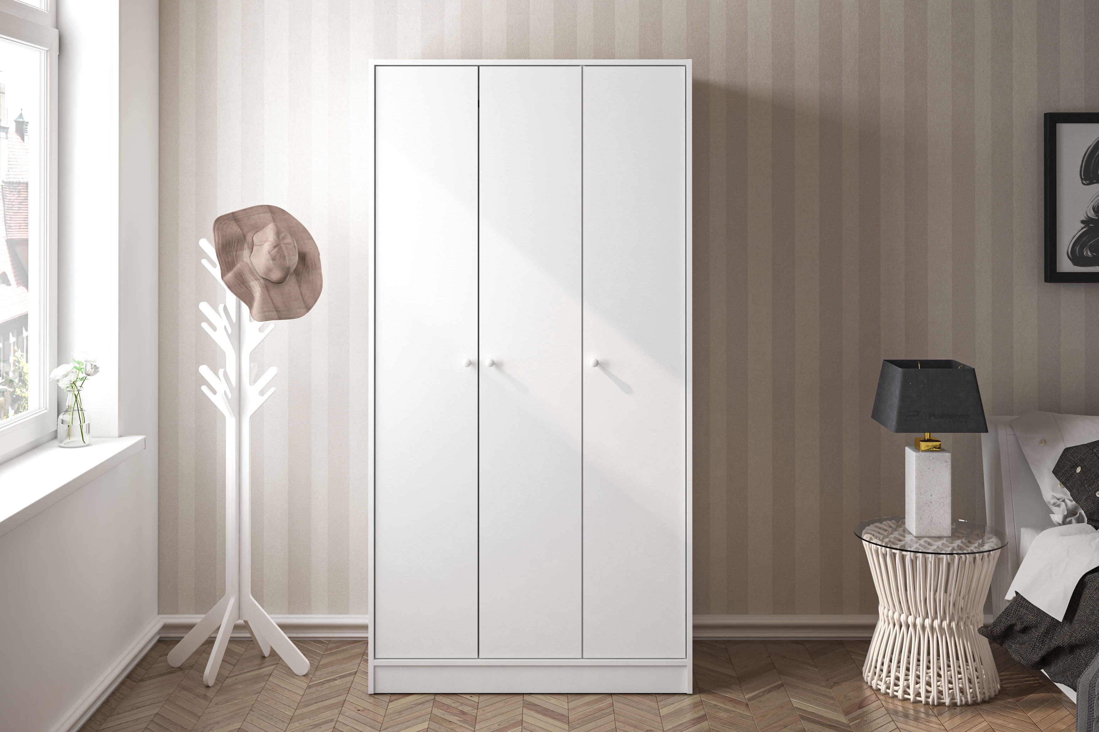 Polifurniture Denmark 71 in. 3 Door Modern Bedroom Armoire with Shelves & Hanging Rod, White Wood