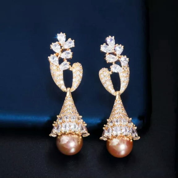 Classy Pave CZ Crystal Women Bridal Long Symmetrical Leaf Pearl Drop Earrings