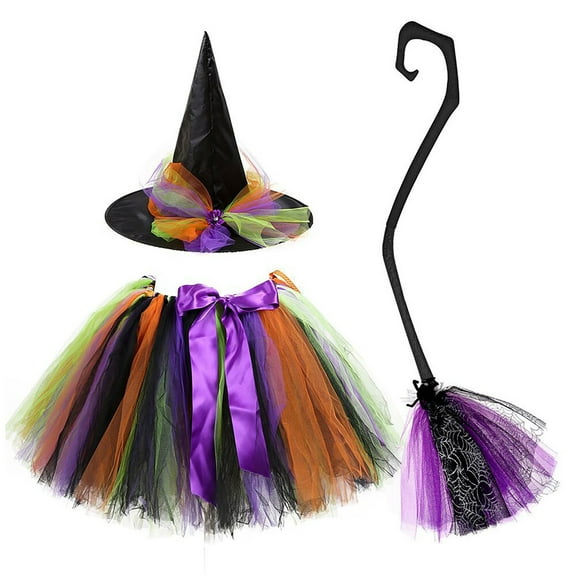 Tiijoy Little Girls Halloween Witch Dress Up Play Tutu Skirt Hat Broomstick, Sizes 6-8
