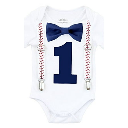 Noah's Boytique Baby Boy First Birthday Outfit Baseball Theme Party Shirt Navy Bow Navy Number One 6-12 Months