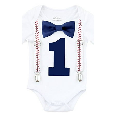 Noah's Boytique Baby Boy First Birthday Outfit Baseball Theme Party Shirt Navy Bow Navy Number One 6-12