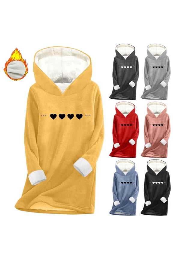 Hoodies for Women Fashion Patterned Fluffy Pullover Loose Plus Size Long Pullover Sweatshirt Soft Fleece-Lined Thickened Long Sleeved Hooded Sweatshirt with Pockets S-3XL Black