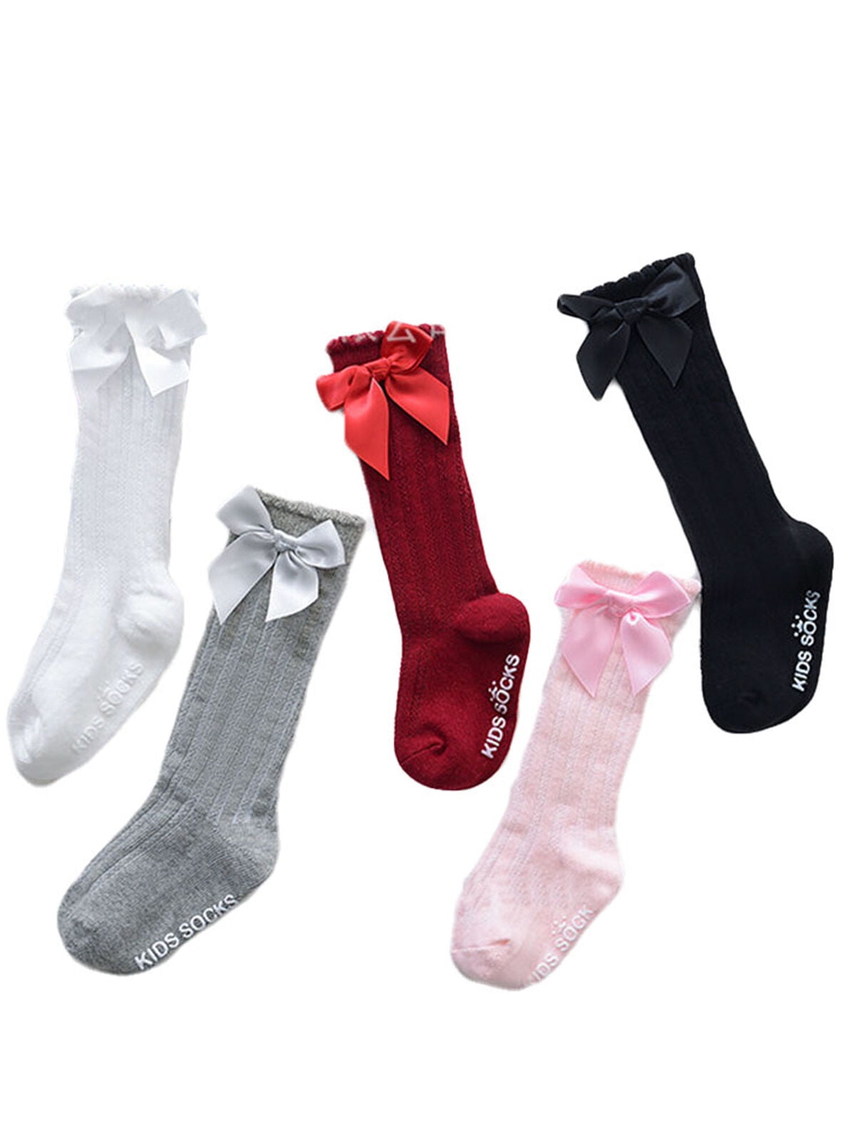 5 Pairs of Girls Knee High School Socks with Matching Silky Ribbon Bow 8 Colours 