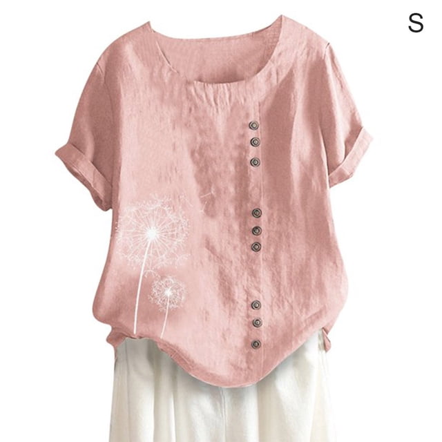Camisa de mujer con botones, blusa informal de manga corta con cuello redondo, rosa, S tholdsy AP001735-01