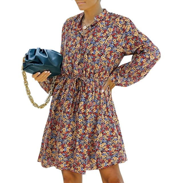 Women's Long Sleeve Short Dress Button Down Floral Print Fall Dresses