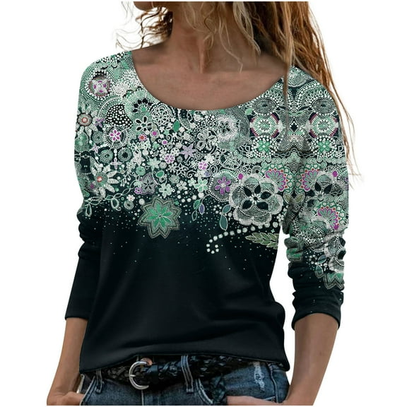 IROINNID Reduced Womens Long Sleeve Tops Lounge Printing Round Neck Loose T-Shirt Autumn Blouse Pullover Tops,Green
