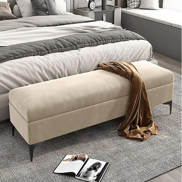 Storage Bench,Storage Bench Velvet Upholstered End of Bed Bench,Premium Storage Chest Bedroom Bench with Storage,No Need to Assemble-Khaki 60x40x43cm(24x16x17inch)