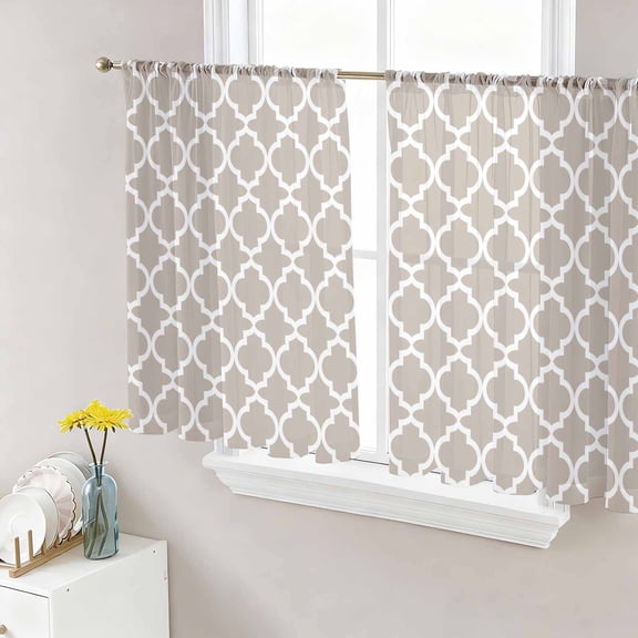 Beige Moroccon Semi Sheer Curtains 54 Inch Length 2 Panels Set, Farmhouse Minimalist Abstract Geometric Sheer Kitchen Curtain Privacy Voile Window Curtain for Living Room Bedroom Rod Pocket Drapes