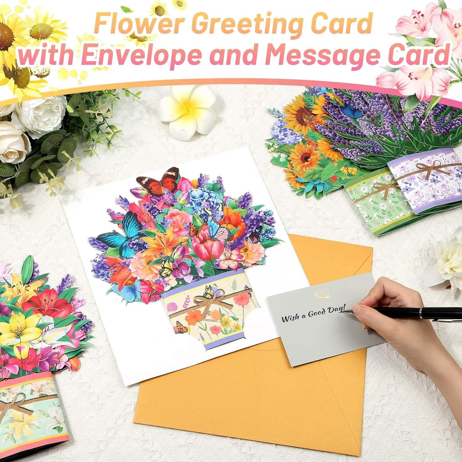 4 Pack 3D Paper Flower Pop Up Cards, Flower Bouquet Card Popup 3D Greeting Cards for Mother's Day, Graduation, Anniversary, Birthday, Congratulations, Get Well, Home Decor, with Envelope