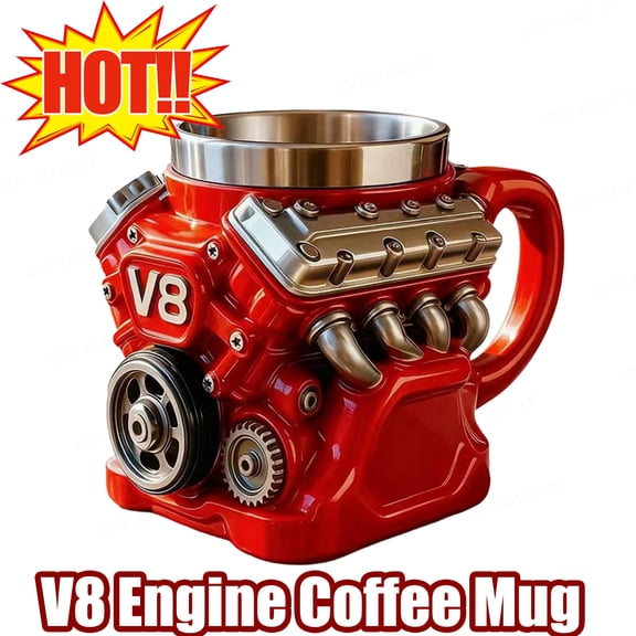 2026 New V8 Engine Themed Coffee Mug - Resin Outer Stainless Steel Inner Cup, Perfect Father’s Day Christmas Gift for Husband Dad