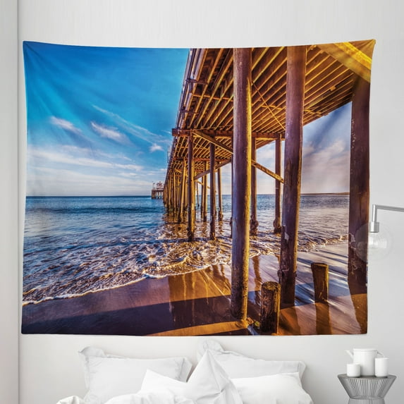 Beach Tapestry, Californian Coastal Seascape Photo of Malibu Pier Scenery Sandy Bay, Fabric Wall Hanging Decor for Bedroom Living Room Dorm, 5 Sizes, Dark Yellow Blue and Plum, by Ambesonne
