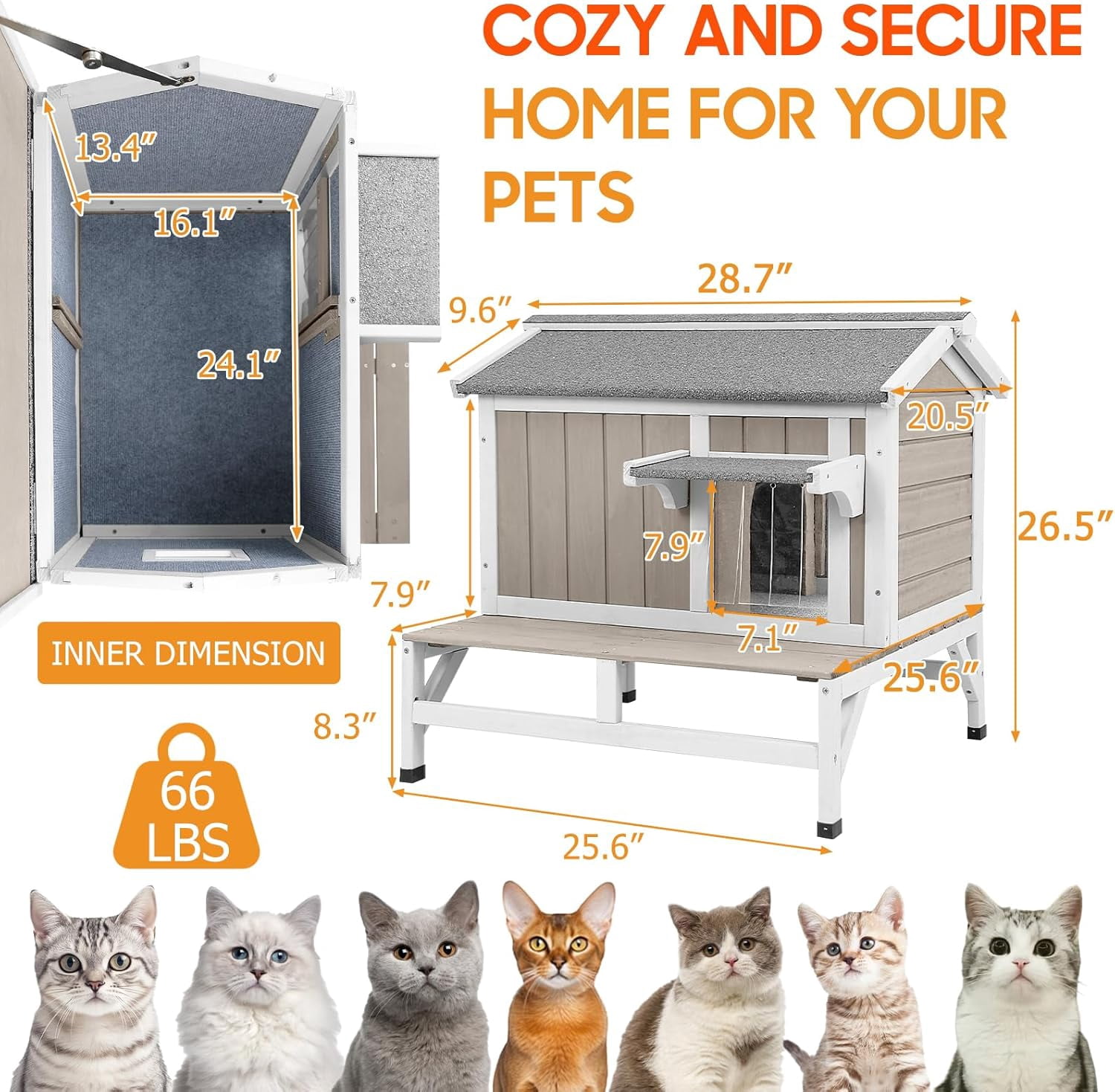PETSCOSSET Cat House for Outdoor, Insulated Wooden Pet House with Raised Base & Openable Roof, Gray