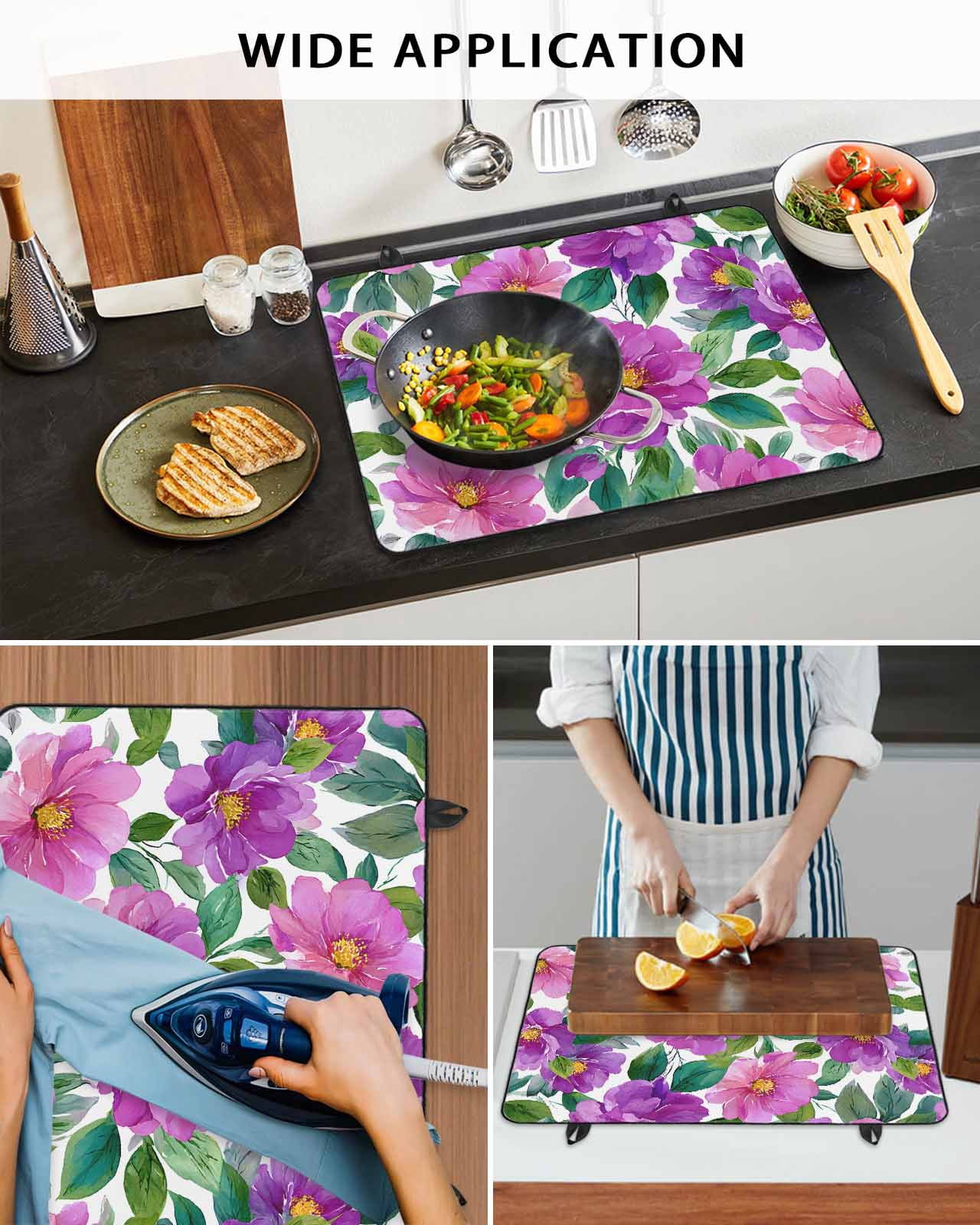 Large Induction Cooktop Protector Mat Purple Flowers Stove Top Covers for Electric Stove, Spring Floral Leaves Botanical Watercolor Decorative Stove Burner Cover Mats, Glass Top Stove Cover