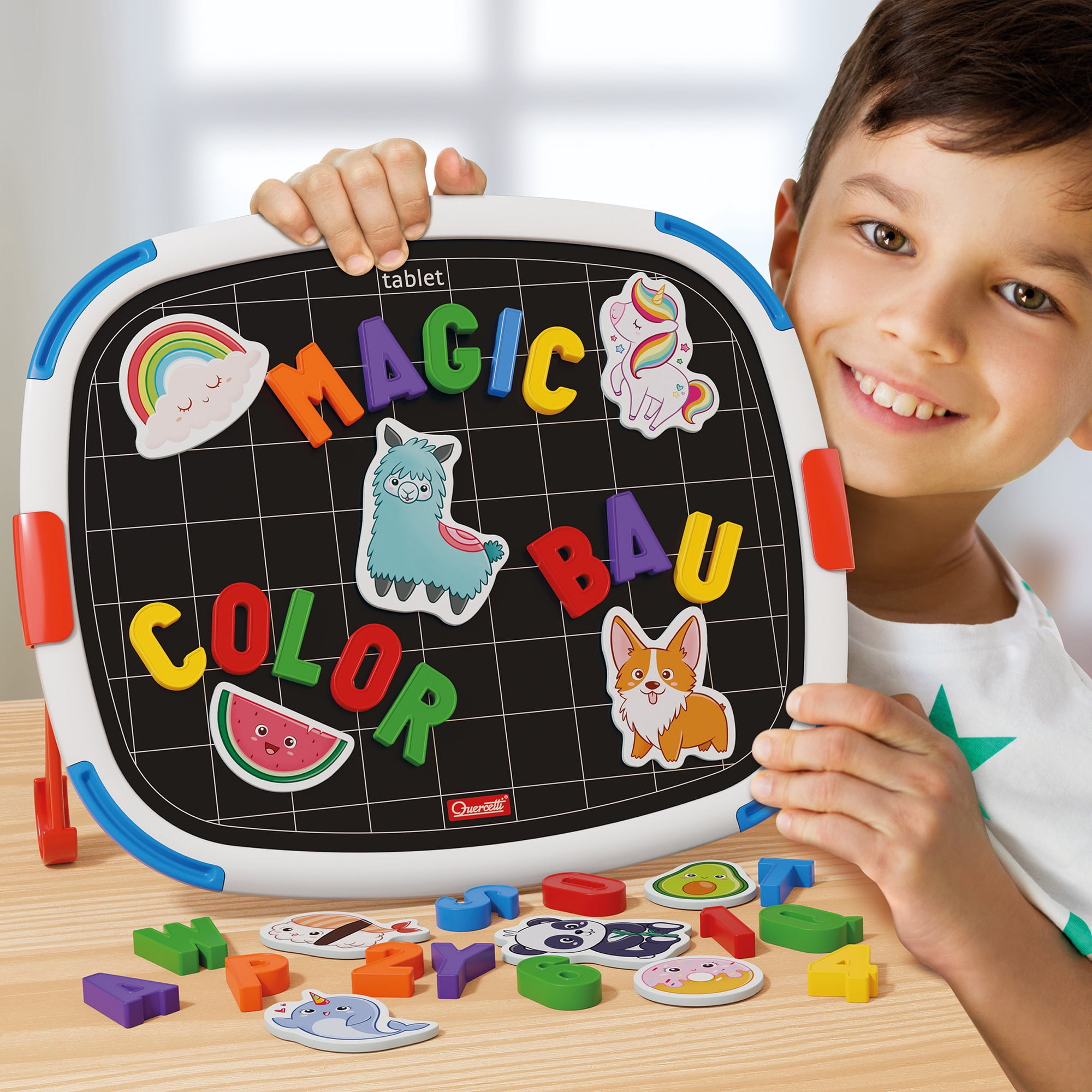 Quercetti: Magnetic Tablet - Double-Sided Magnet-White Board, Letters-Animals-Food Themed Magnets, Spelling Learning Tool, Educational Toy, Kids 4+