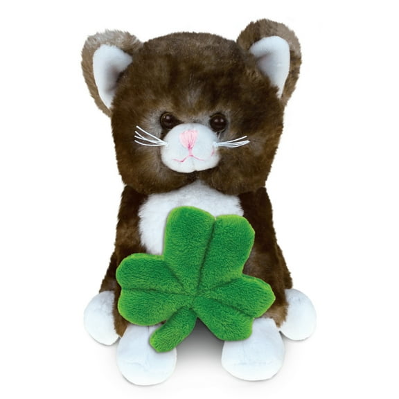 DolliBu Super Soft Brown Cat Stuffed Animal with Green Plush Shamrock, Cute Green Shamrock Plush, Fun St Patricks Day Stuffed Animal Cat, Good Luck St Patricks Day Toys for Kids, Baby - 7 Inches