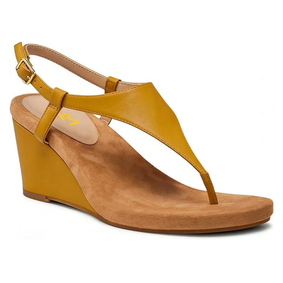 FSJ Women Low Wedge Heel Thong Sandals Ankle Strap Round Open Toe Flip Flops Comfortable Cushion Heeled Sandals Size 8 Yellow