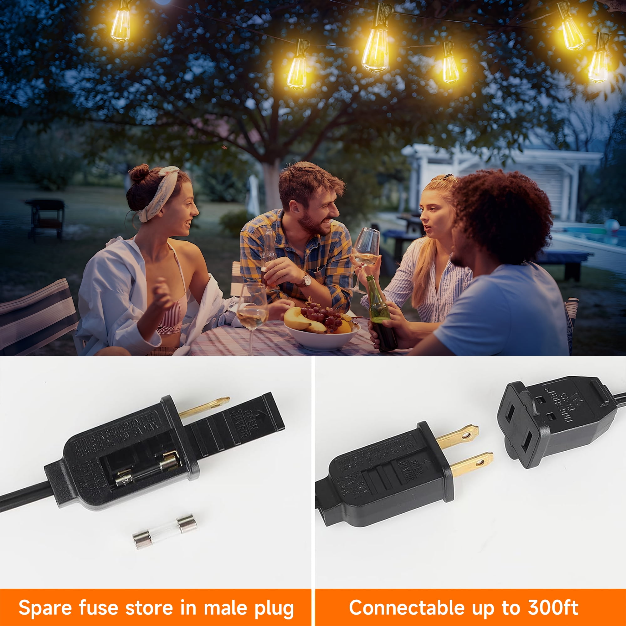 DAYBETTER Solar Outdoor String Lights，100FT Waterproof ST38 Hanging Patio Lights for Yard 25 Bulbs
