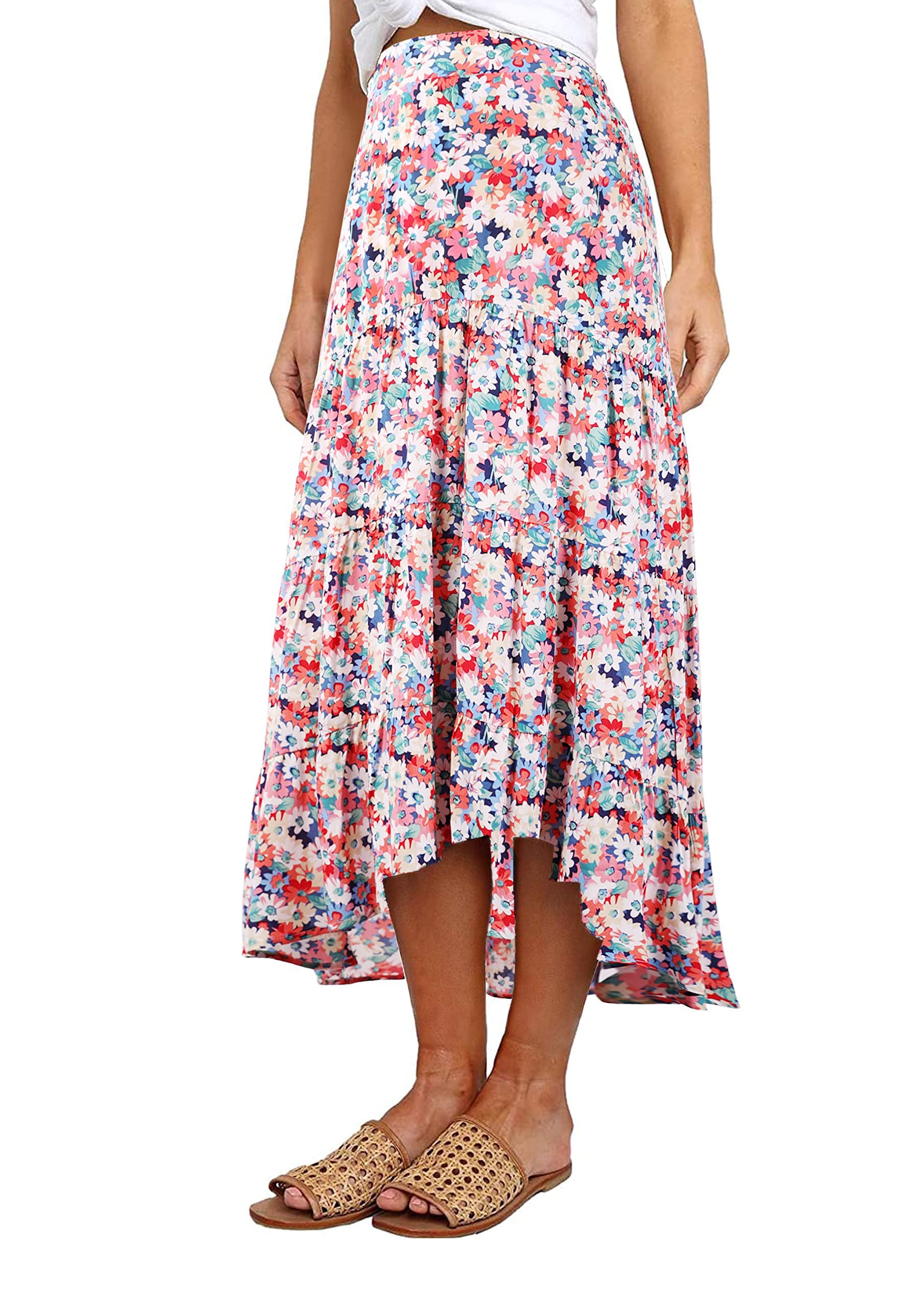 MOSHU Daisy Floral Skirt for Women High Waist Midi Skirts Irregular Hem