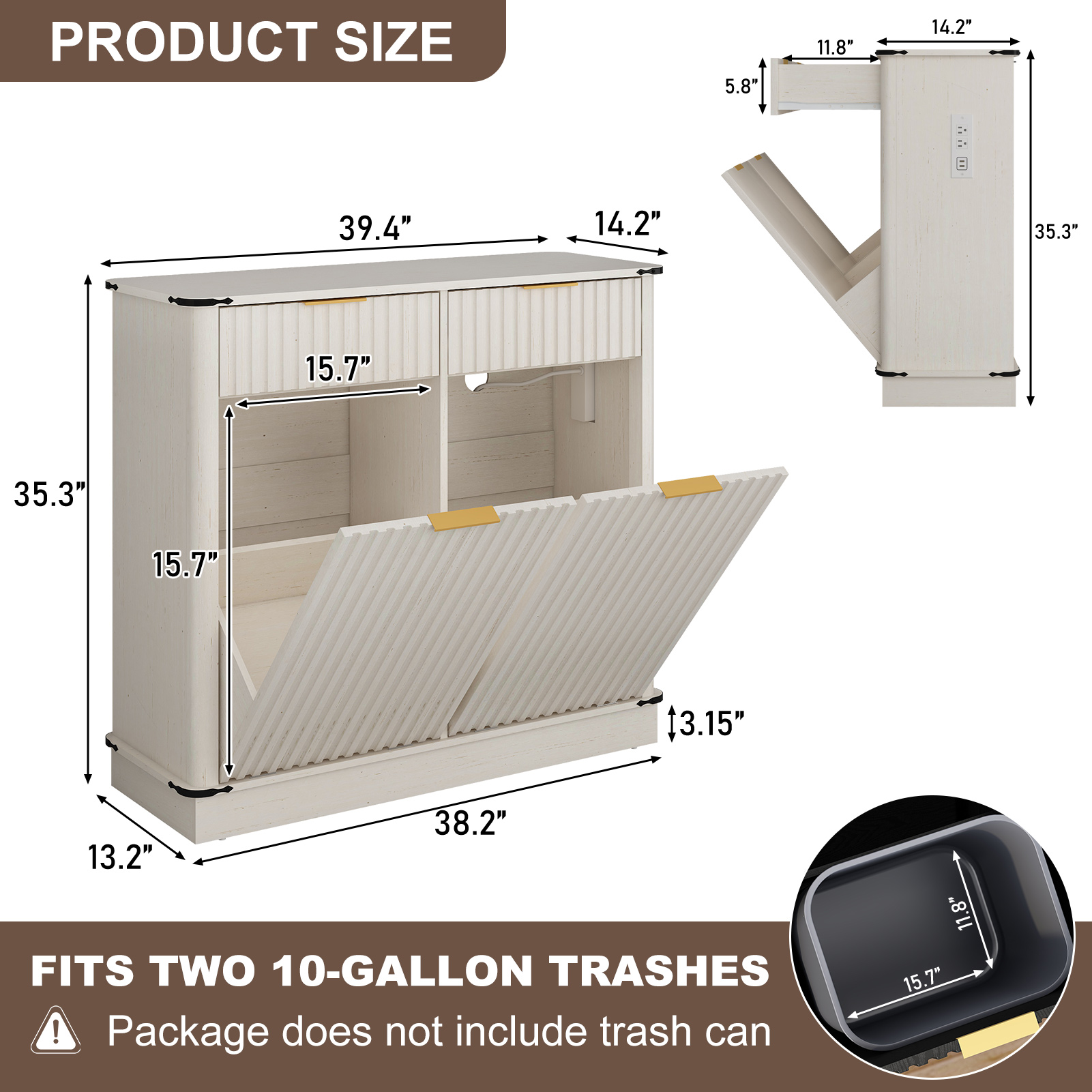 Blotout 20 Gallon Double Tilt-Out Trash Cabinet,Fluted Laundry Hamper Cabinet with 2 Drawers & Charging Station,Hidden Wooden Garbage Can Cabinet for Kitchen & Living Room