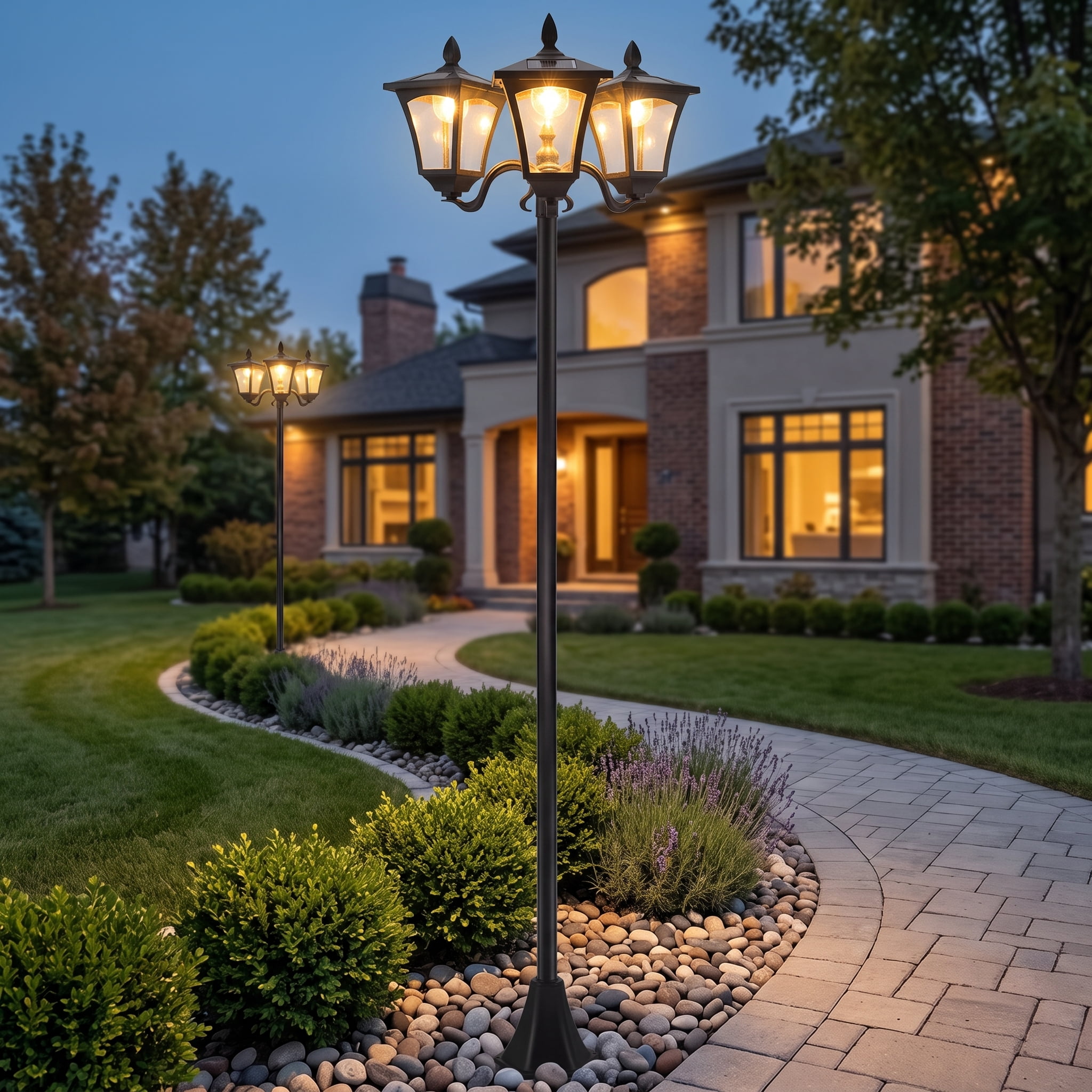 72" Solar Lamp Post, Triple-Head Street Light, All-Weather Waterproof Stainless Steel, Vintage Style for Garden, Lawn, Pathway, Driveway, Black