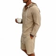 thumbnail image 2 of LWavelet Men's Striped Linen Hooded Shirt and Shorts Set Casual Two Piece Outfit Khaki L, 2 of 5