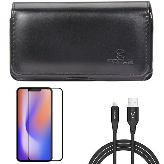 6ft USB Cable & Screen Protector & Case Belt Clip for iPhone 13/Pro ONLY - Charger Cord Power Wire   Anti-Glare Tempered Glass Matte   Leather Swivel Holster Combo