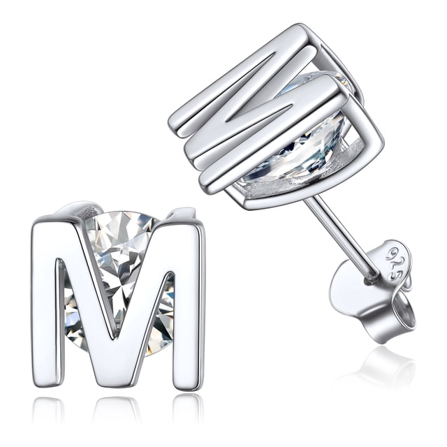PROSTEEL Pendientes de botón inicial de plata esterlina para mujer Pendientes de letra M de circonita cúbica Regalo de cumpleaños de Navidad para su mamá, novia e hija