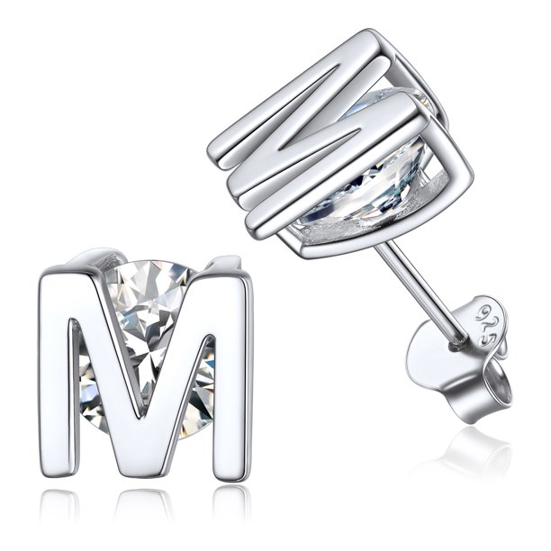 PROSTEEL Pendientes de botón inicial de plata esterlina para mujer Pendientes de letra M de circonita cúbica Regalo de cumpleaños de Navidad para su mamá, novia e hija