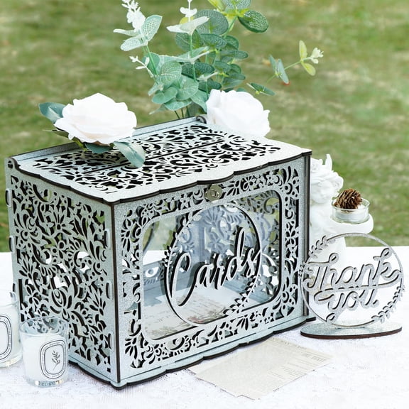 Silver Wood Wedding Card Box with Lock and Light, Rustic Large Gift Card Holder for Wedding Reception Anniversary Birthday Party Decorations