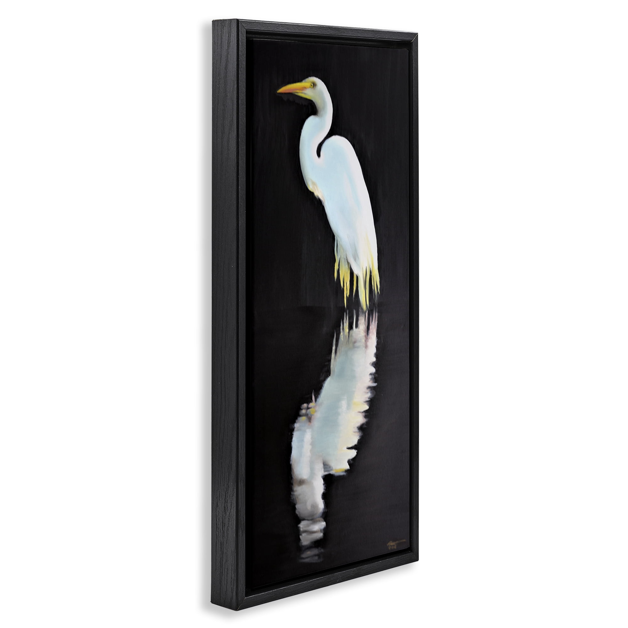 Stupell Industries Dark Egret Reflection Animals & Insects Painting Black Floater Framed Canvas Art Print Wall Art, 15 x 31