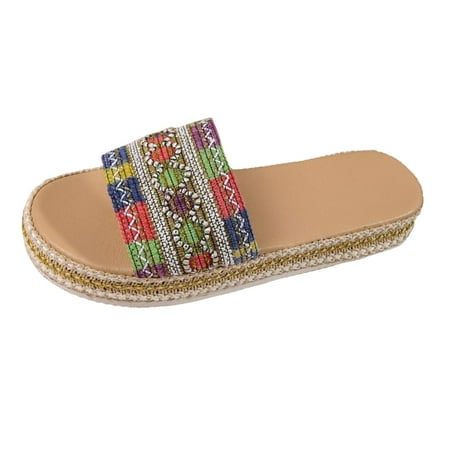 OJSFQUFP Sandals Womens Ladies Fashion Ethnic Style Woven Print Open Toe Flat Bottom Beach Sandals Soft Sole Outdoor Beach Shoes Slip On Slippers for Women Green 40