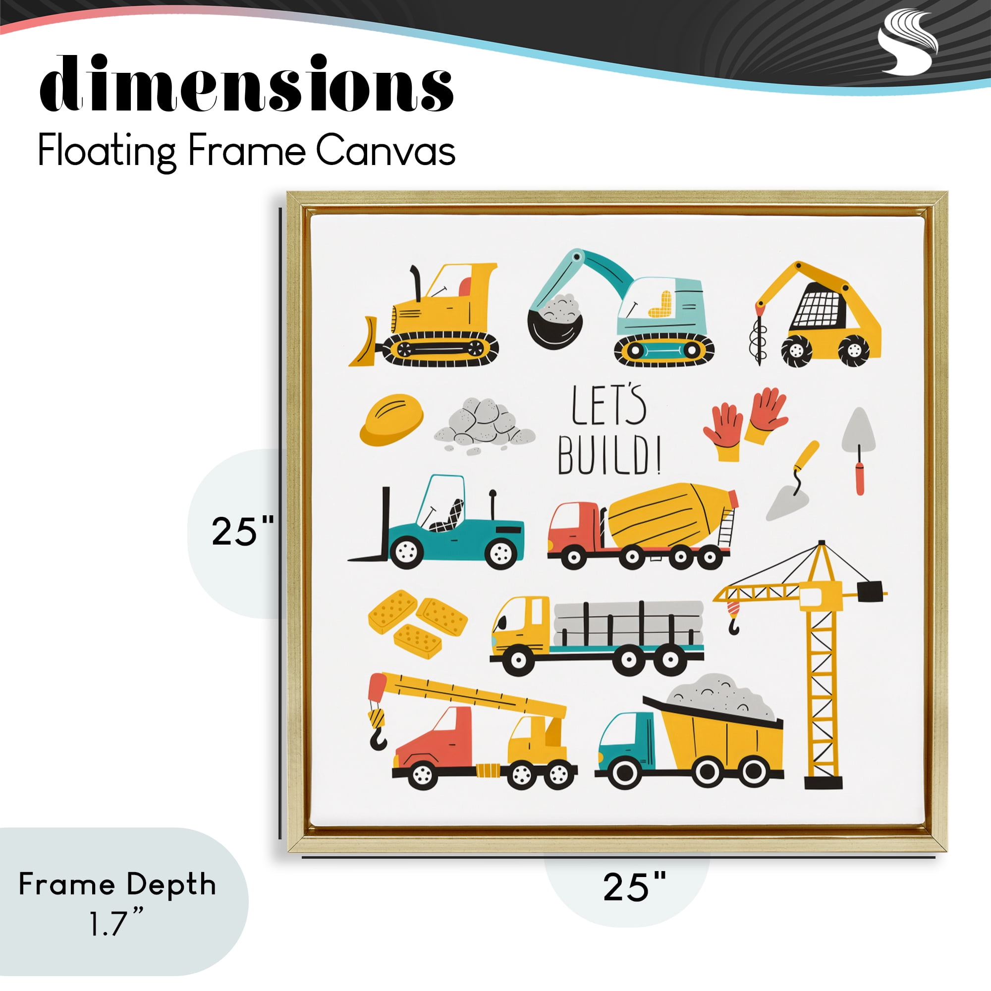 Stupell Industries Let's Build Various Construction Trucks Gold Framed Floater Canvas Wall Art, design by Creative Studio
