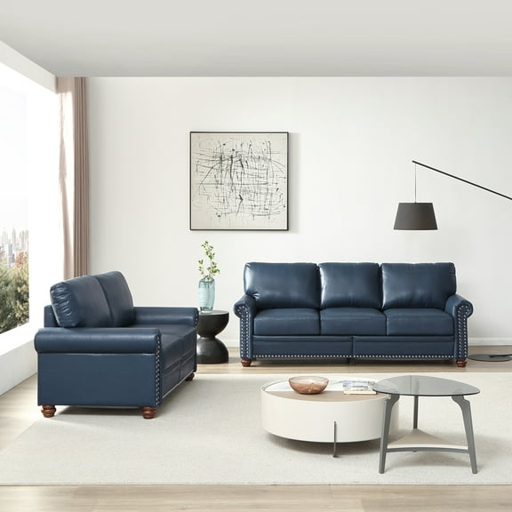 2 Piece Living Room Sofa Set, PU Leather Chesterfield Sofa Loveseat 3 Seater Sofa Couch with Hidden Storage and Wooden Legs, Modern Sectional Sofa Set for Apartment Office, Navy Blue
