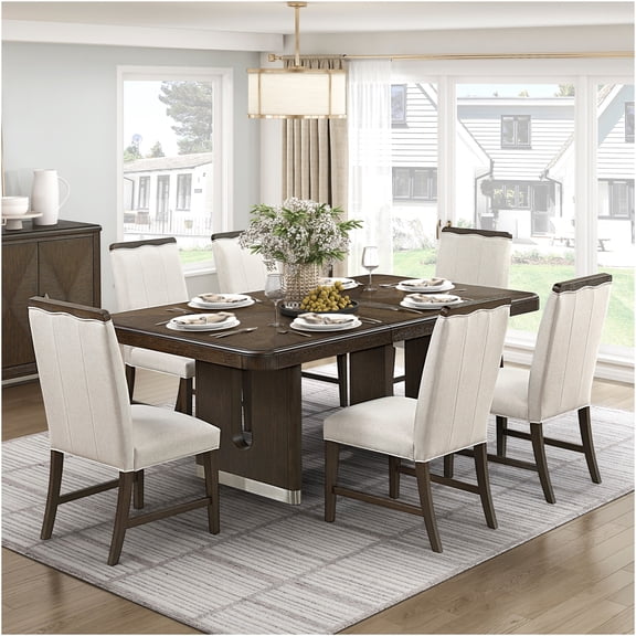 JERFIT 7-Piece Modern Dining Set with Extendable Table and 6 Upholstered Chairs, Brown Wood with Metallic Base