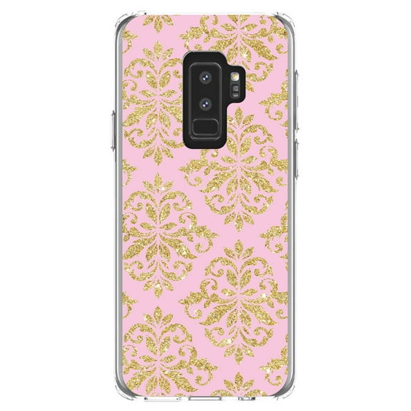 DistinctInk Clear Shockproof Hybrid Case for Samsung Galaxy S9  PLUS (6.2" Screen) - TPU Bumper, Acrylic Back, Tempered Glass Screen Protector - Pink & Gold Print - Damask Pattern