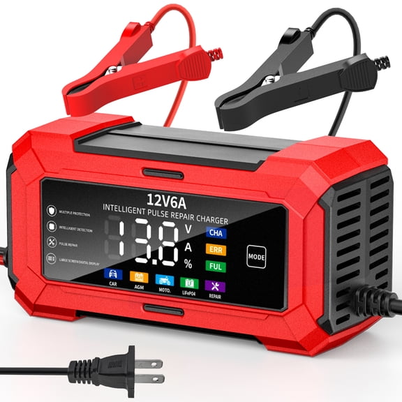 HUSGW Battery Charger 6-Amp 12V Fully-Automatic Smart Car Battery Charger, Battery Maintainer Trickle Charger, Compatible with Lead-Acid & LiFePO4 Iron Batteries，AGM, STD, Gel, Deep Cycle Batteries